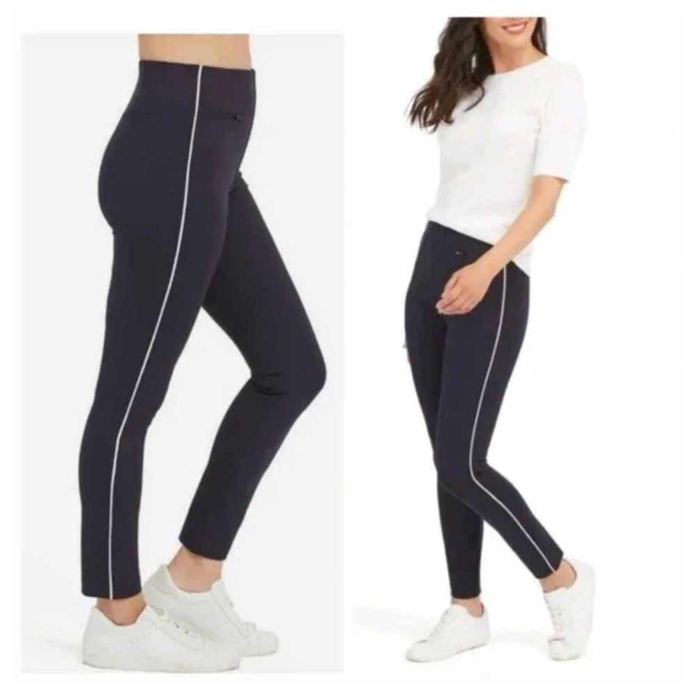 SPANX Petite Womens L/G Navy Blue Side Stripe Zipper Pockets Pull On Pants‎